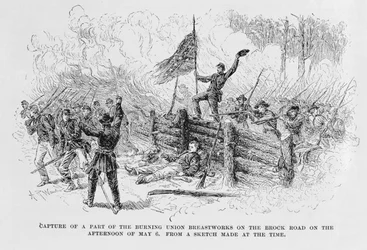 Eroberung eines Teils der brennenden Union-Brustwehren an der Brock Road am Nachmittag des 6. Mai, Illustration aus 